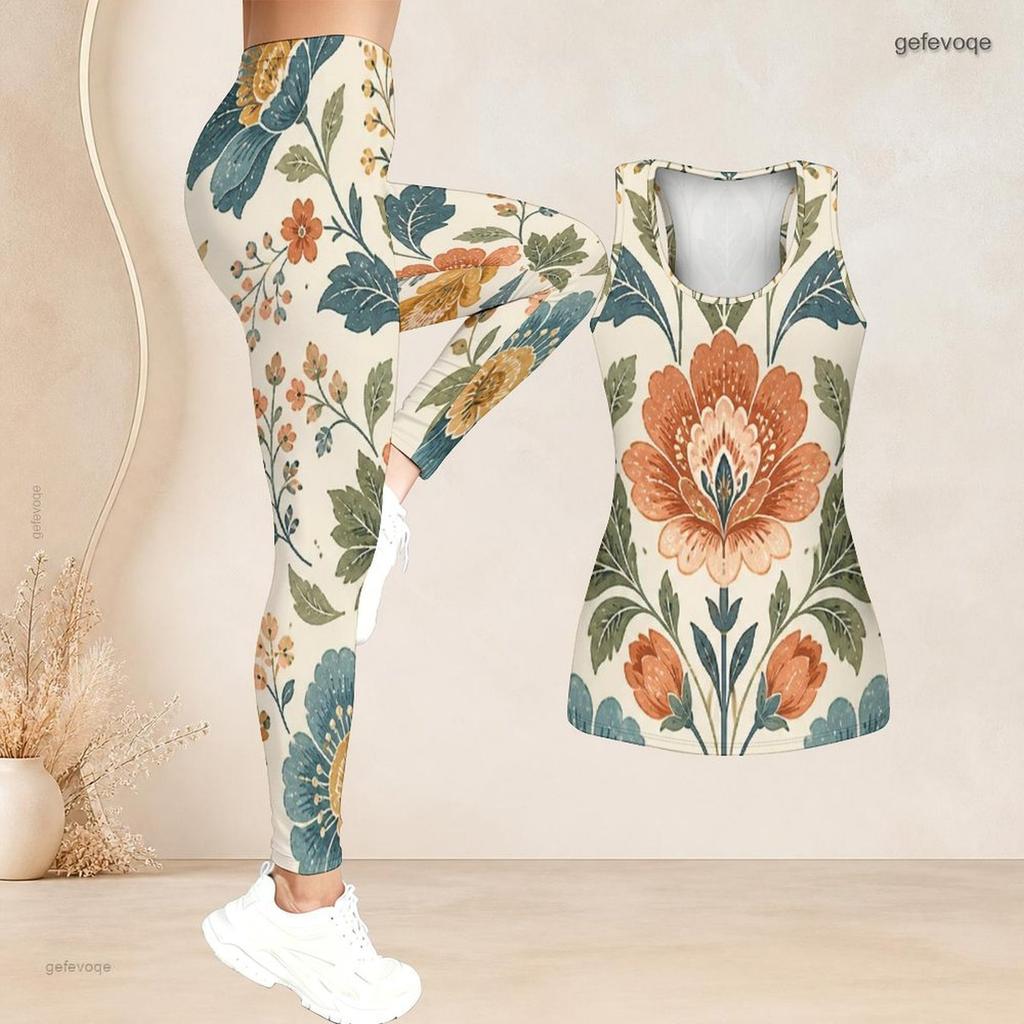 Women Plus Size Two Piece Set Scoop Neck Sleeveless Floral Printed Longline Tank Top Fitted Pants