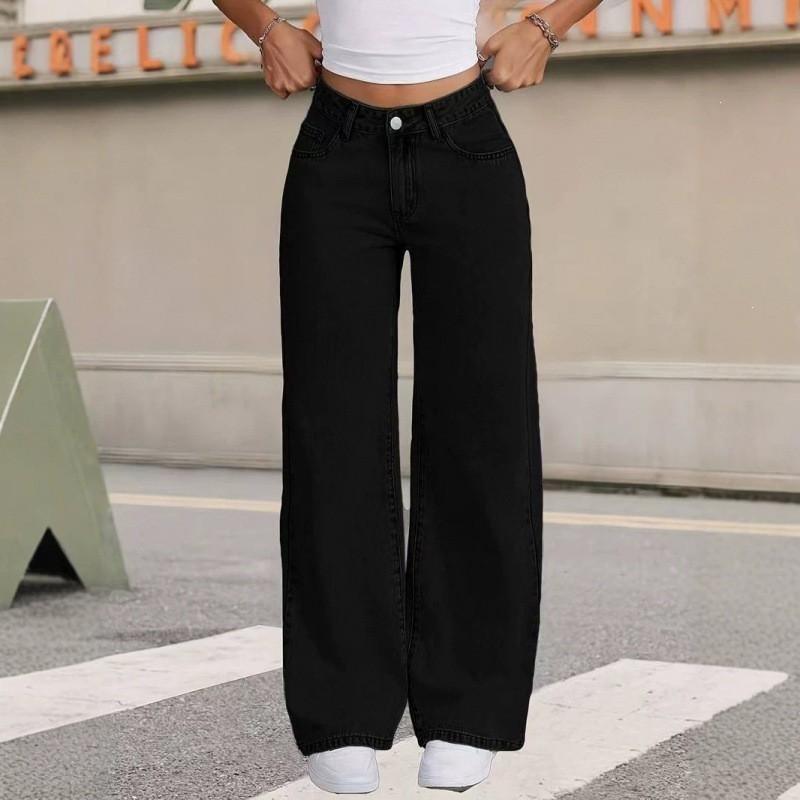 Plus Size Light Blue Denim Jeans Women High Waist Straight Leg Loose Fit Casual Trousers