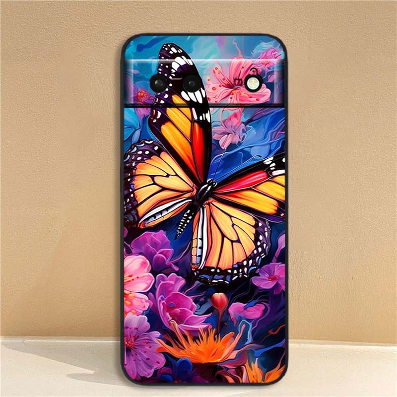 Butterfly flower pattern For Google Pixel 10 9a 9 8A 8 7 7A 6 6A Pro XL 2024 5G Black Soft TPU Silicone Phone Case