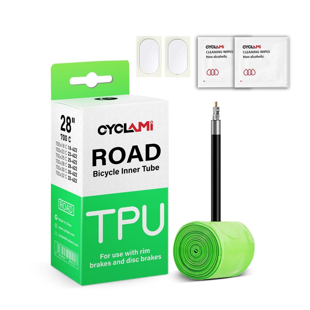 CYCLAMI Ultralight TPU Inner Tube with Free Tire Patches and Levers - 30g, Presta Valve, Puncture Proof Road Bike Tire.