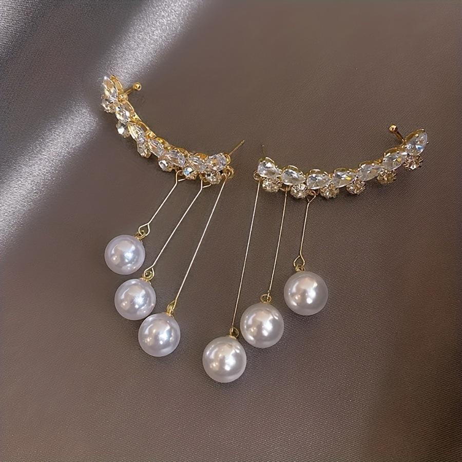 Korean Fashion Pearl Rhinestone Tassel Earrings