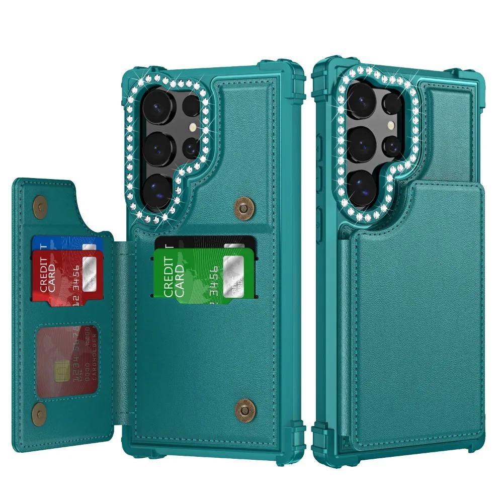 Luxury Glitter Bling Card Slot Holder Wallet Flip Phone Case for Samsung Galaxy S24 Ultra Plus Purse Kickstand PU Leather Cover