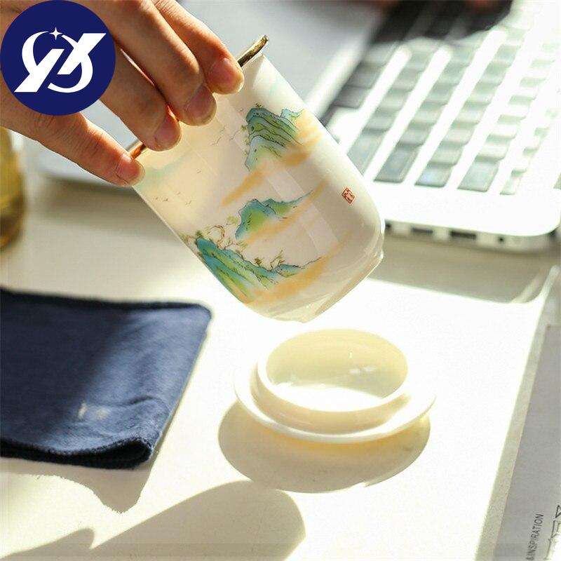 Creative Glass Tea Separation Cup Ceramic Filter Teacup With Lid and Wooden Handle Large Capacity Office Coffee Mug Drinkware