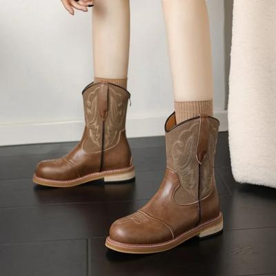 Womens Cowboy Boots Embroidered Mid-calf Single Boots Mesh Lining Comfort Booties for Woman Round Toe Retro Western Boots Women