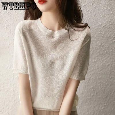 Suéter de malha para mulheres verão nicho francês temperamento delicado jacquard tricô manga curta camisa de fundo oco fino top blusas casuais