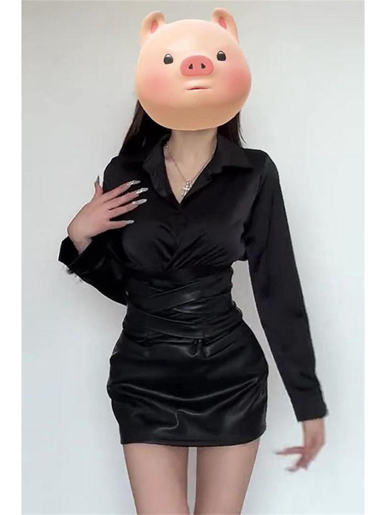 Women's Plus Size Black PU Leather Bodycon Mini Skirt - High-End Spring/Autumn Style with Ant Waist Design