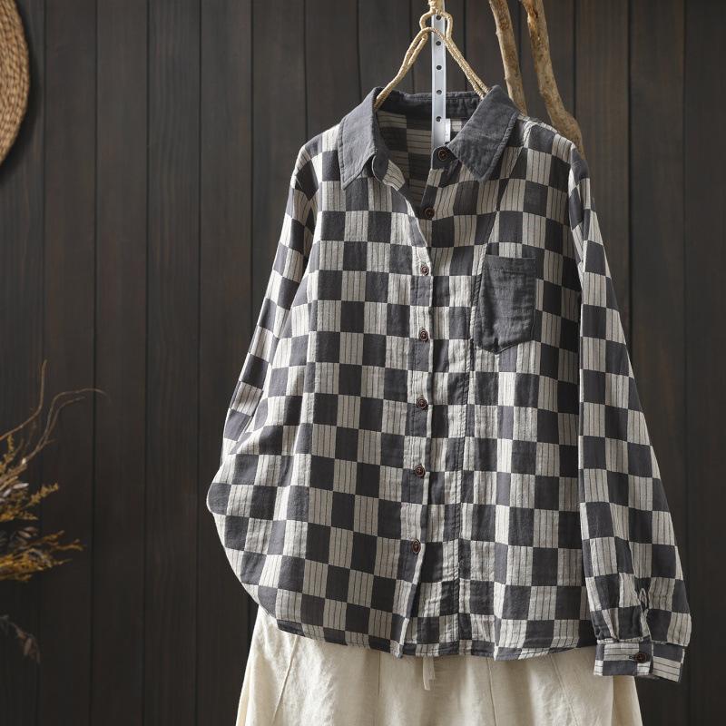 

Johnature Women Vintage Plaid Shirts Spring Chinese Style Turn-down Collar Long Sleeve Button Soft Female Shirts M серый