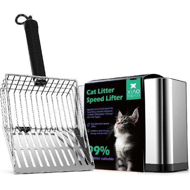 Stainless Steel Cat Litter Scoop, Metal Cat Litter Scooper with Holder, Heavy-Duty Cat Scooper with Coarse and Fine Grids for Quick Screening and stainless steel litter sc
