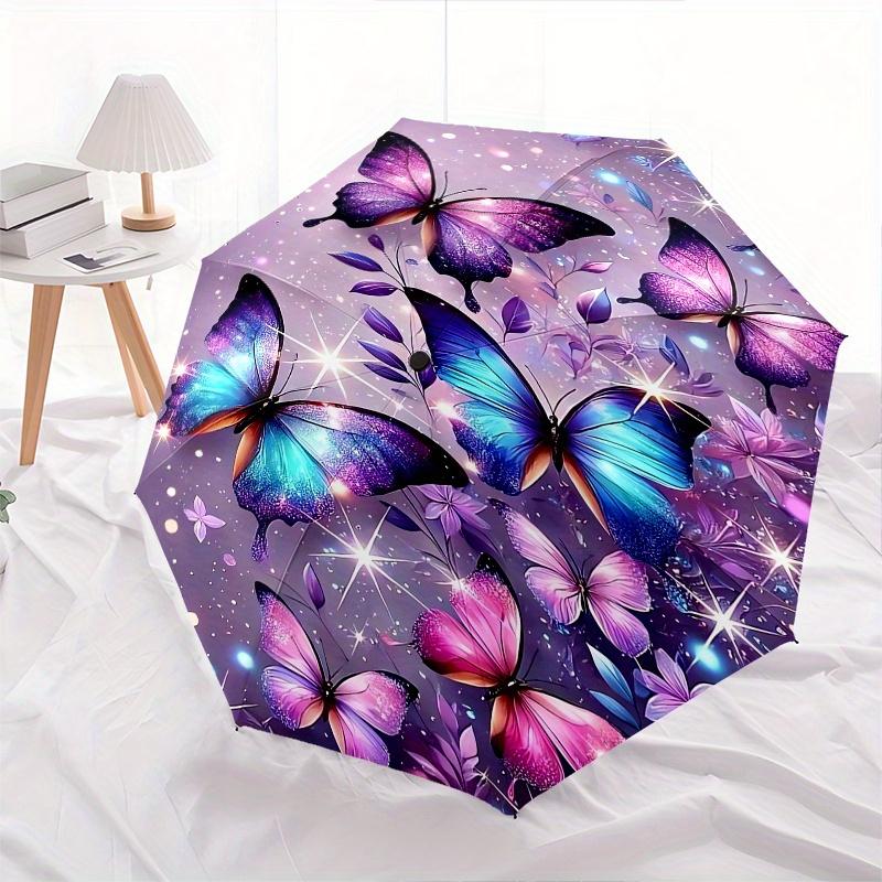 Butterfly Fantasy Automatic Folding Umbrella 8 Ribs, Durable Iron Frame, Bright Color Pattern Compact Travel Umbrella, Suitable for Outdoor