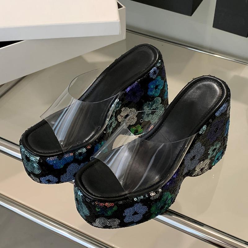 Fashion Women Shoes Sexy 13CM Super High Heels Wedges Slippers for Women Sequined Thick Bottom Open Toe Party Dress Shoe Platform Sandal