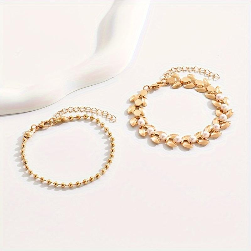 Women Fashion Bohemian Gold Wheat Chain Pearl Layered Bracelet Set