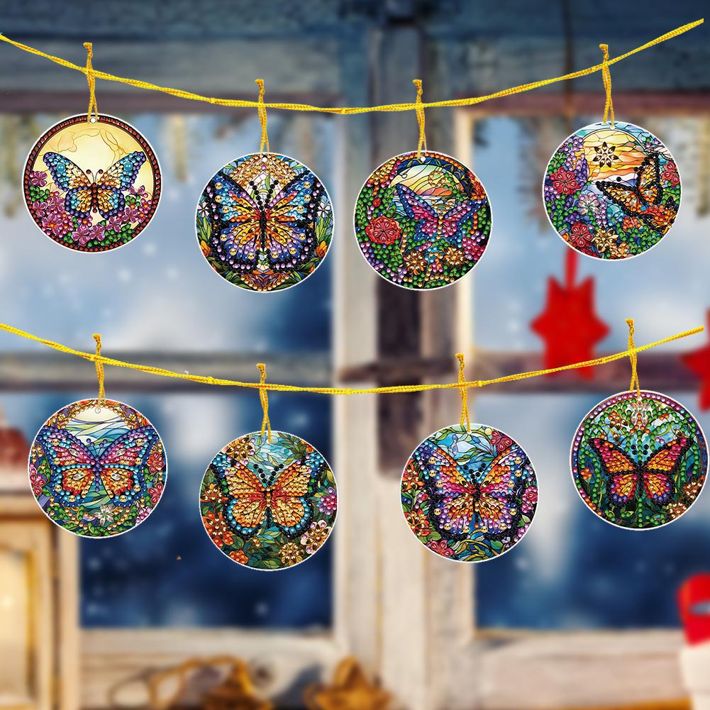 8 PCS Crystal Hanging Home Wall Decor Graceful Butterfly Acrylic Christmas Tree Single-Sided Wreath Elk for Xmas Tree Wall Decor