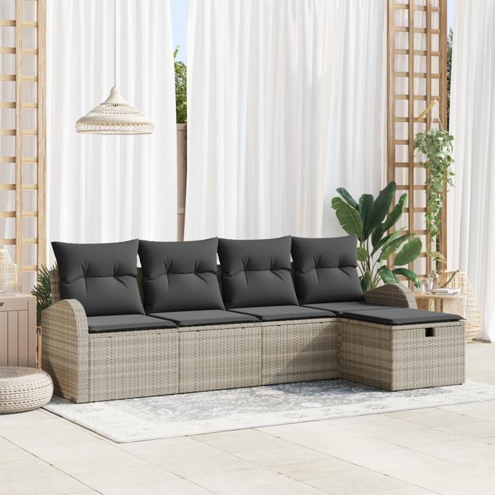 VidaXL Ensemble de Canapés de Jardin de 5 Pièces avec Coussins Gris Clair en Poly Rattan 3359061
