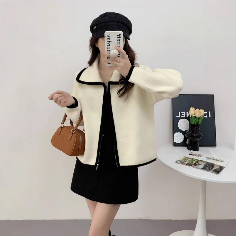 Spring New Zipper College Lapel Knitted Double-sided Woolen Cardigan Loose Soft Waxy Sweater Jacket Women