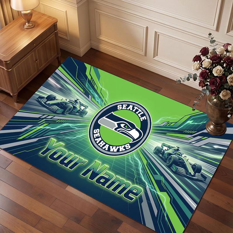 Tappeto in Cristallo Vellutato Personalizzato Seattle Seahawks, Tappeto Morbido Antiscivolo con Testo Nome Personalizzato per Soggiorno Camera da Letto