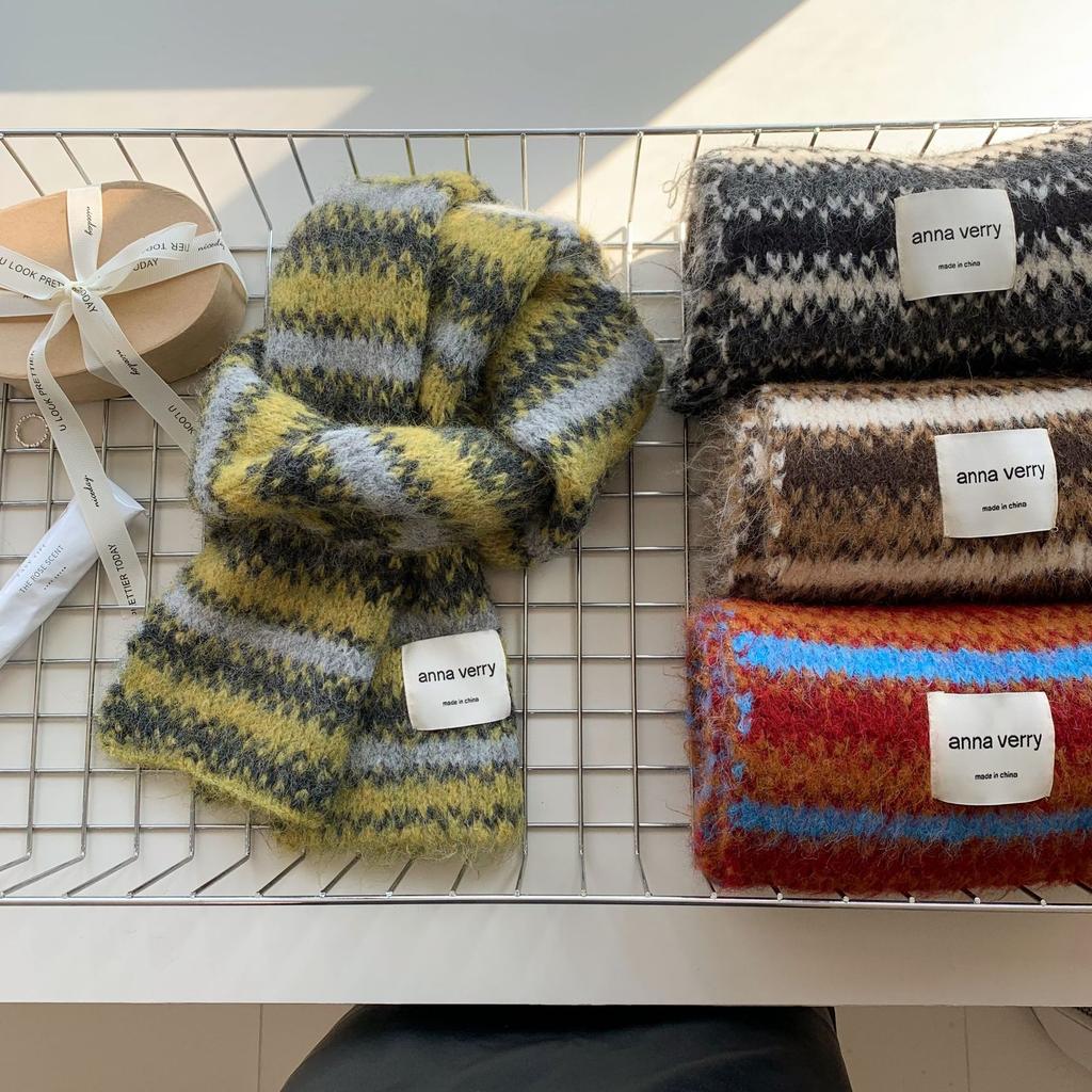 Color Striped Knitted Scarf Women's Autumn and Winter Korean Version of High-end Atmosphere Versatile Thickened Warm Scarf Student