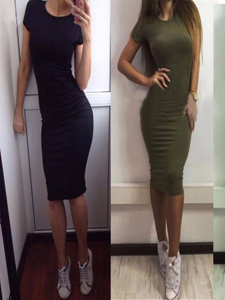 Sexy Elegant Dress Short and Long Sleeve Solid Color Midi Bodycon Dress Women Skinny Slim Pencil Dress Club Party Vestidos