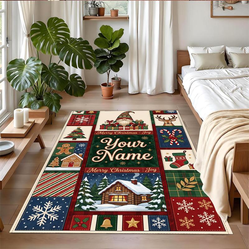 Christmas Custom Name Printed Square Area Rug Soft Non Slip Floor Carpet For Bedroom Holiday Gift