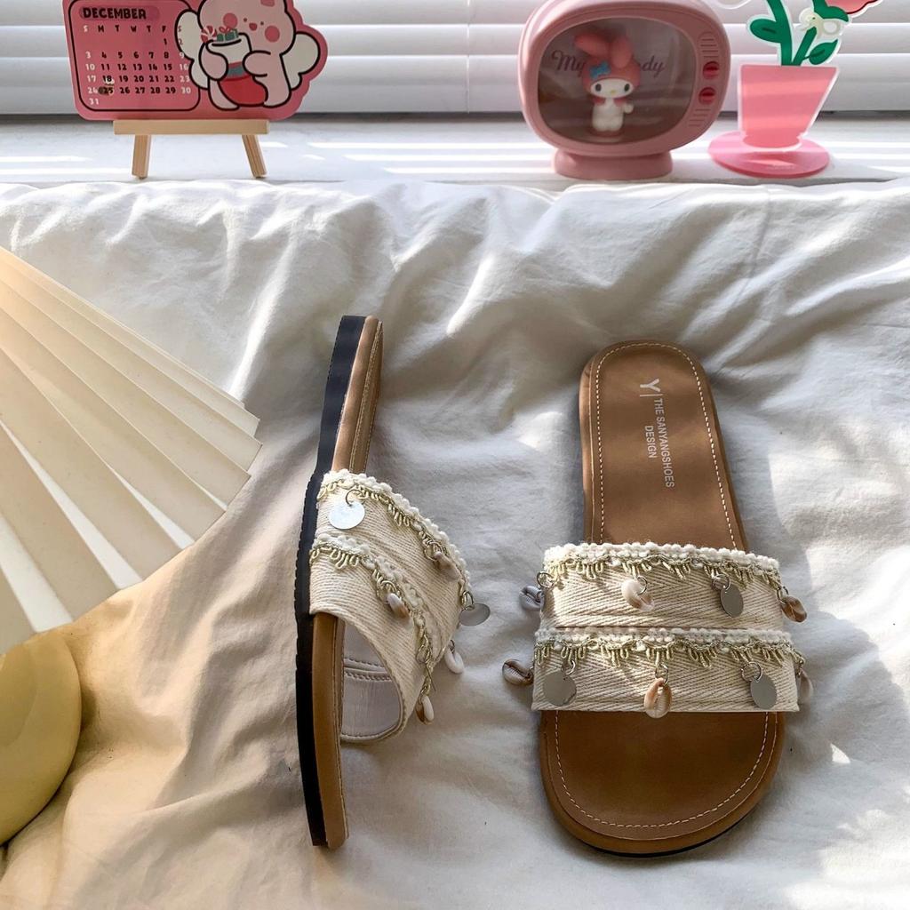 Flat bottom cross with cool slippers women's summer wear new seaside vacation one-word drag casual with skirt sandals