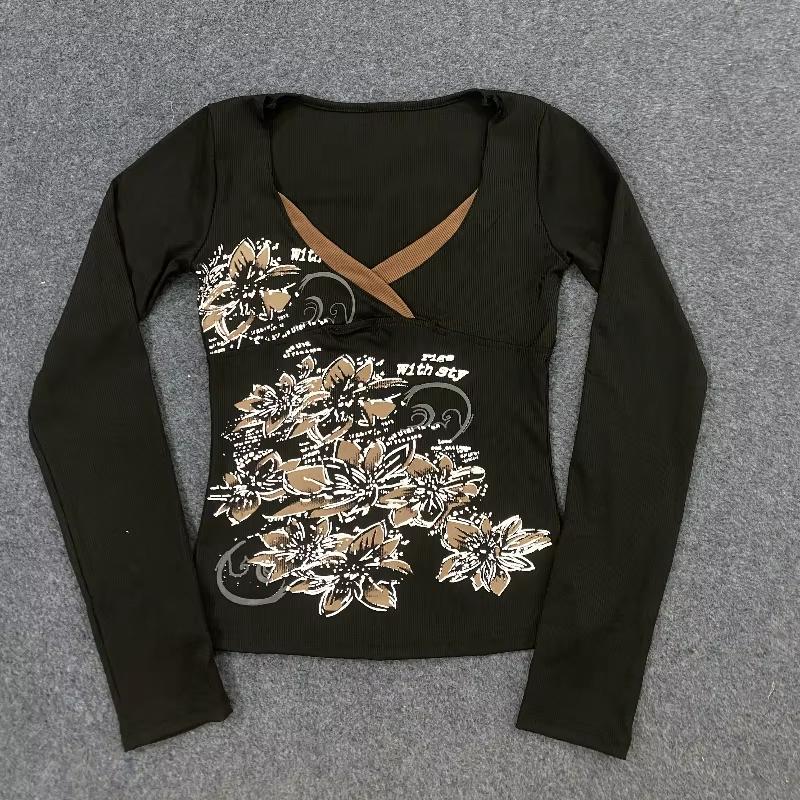 

Y2K autumn sweet floral print casual V-neck slim fit top XL коричневий