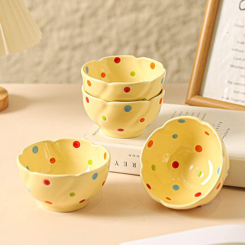 Cute Cream Color Dot Bowls Set Ins Style Rice Yogurt Soup Bowls for Home Kitchen Tableware
