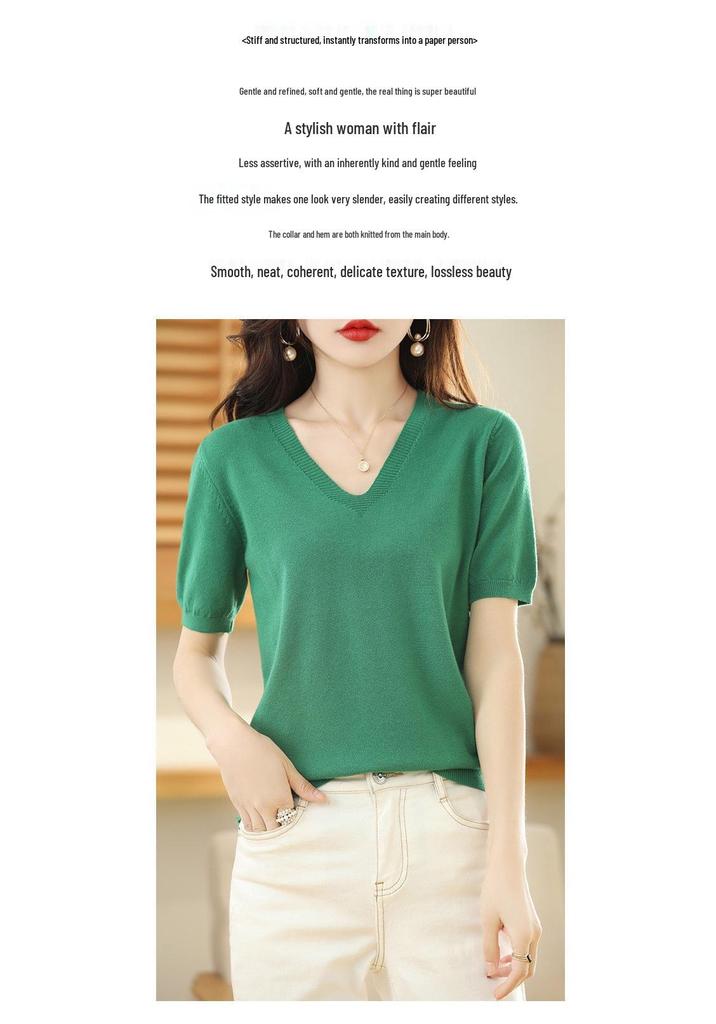 Women's V-Neck Knitted T-Shirt: Short-Sleeved, Versatile, Commuting Pullover, Perfect Base Layer, Three-Quarter Sleeves, Light Sweater.