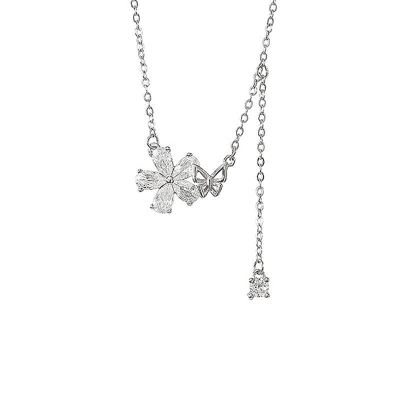 

Ожерелье с бабочкой и цветком любви, легкая роскошная простая цепочка с кисточками и каплями воды, маленькая цепочка на ключицу с бриллиантами и цветущей вишней Copper (white gold)