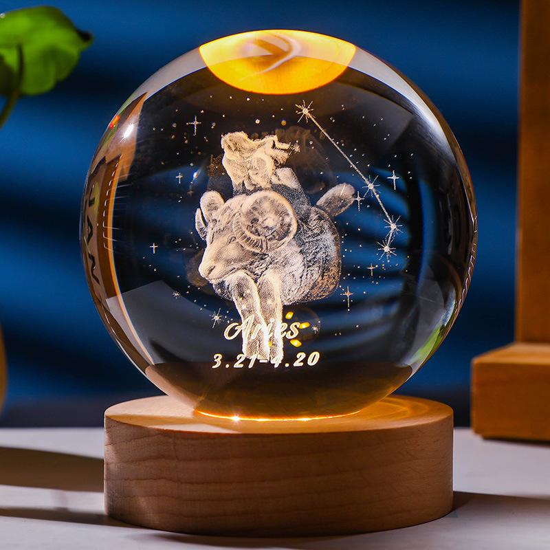 3D Constellation Crystal Ball Night Light Laser Engraved Birthday Gift Glass Sphere Home Desktop Decoration with Wooden USB Base