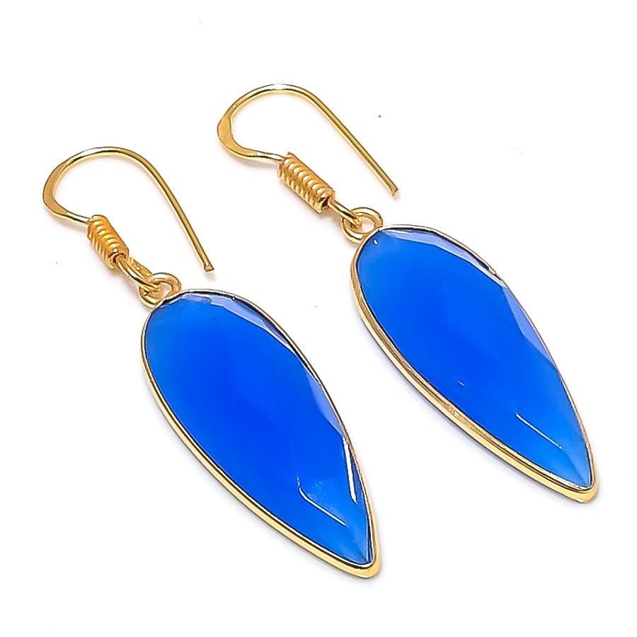 Blue Chalcedony Gemstone Handmade 925 Sterling Silver Earring 1.89" KJ-1138