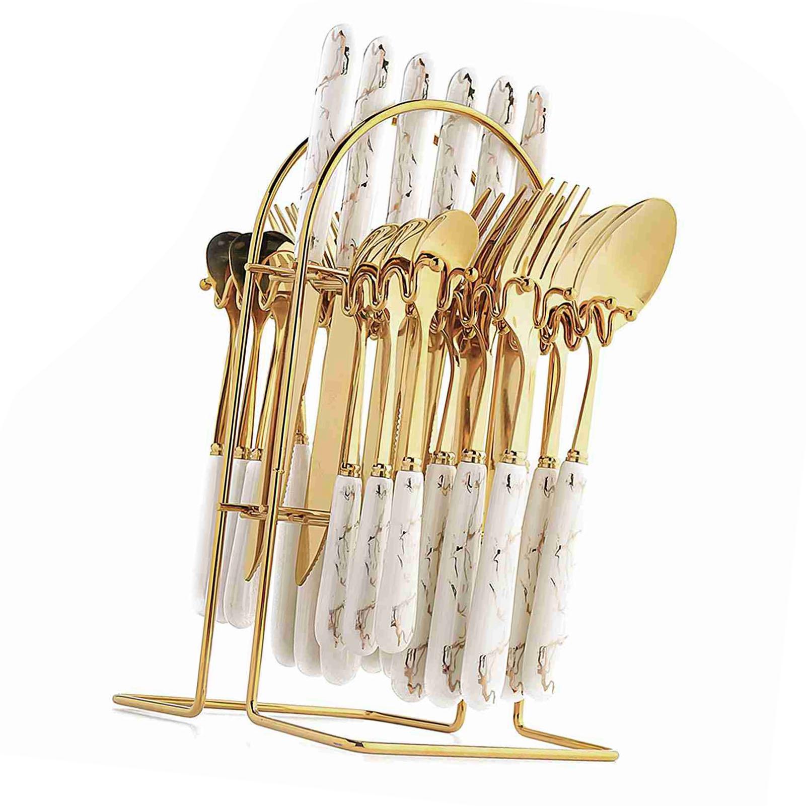

24 Piece Ceramic Stainless Steel Flatware Set Kitchen Utensil Tableware Cutlery Set with Rack for Home Restaurant Gold