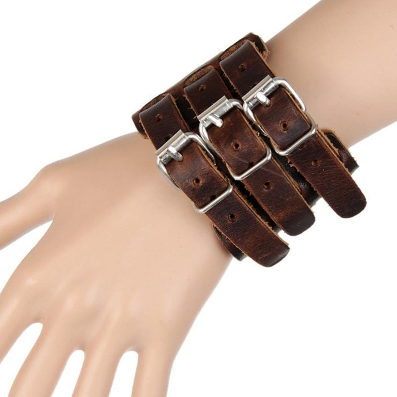Punk Styles Adjustable Leather Cuff Bracelet For Men Sturdy Wide Wristband Fashion Accessory