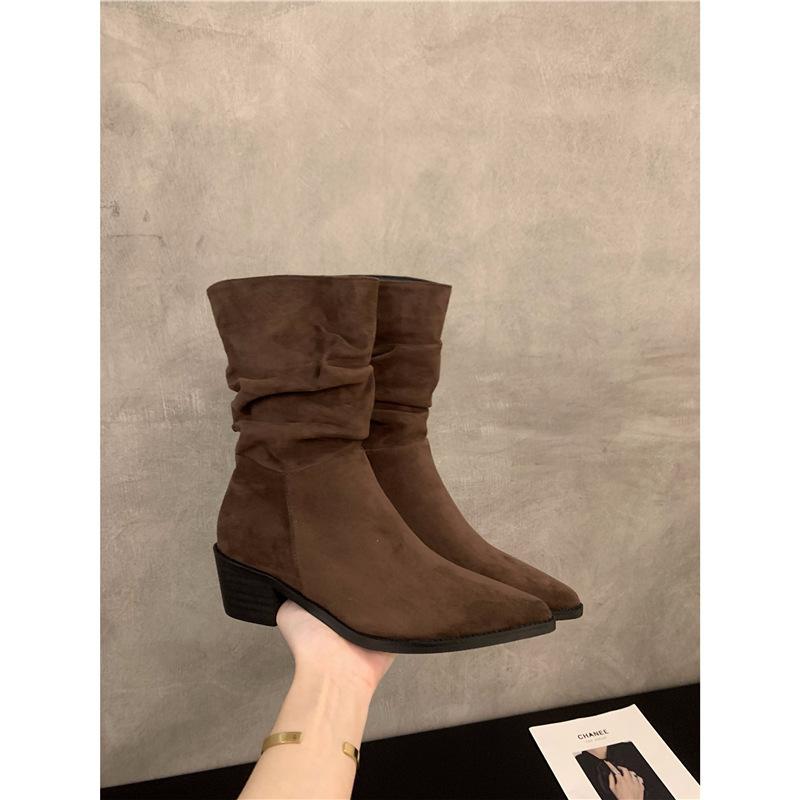 

2025 осень и зима новая мода универсальные туфли на высоком каблуке с острым носком замшевые хаки тонкие французские короткие ботильоны женская обувь 39 коричневый