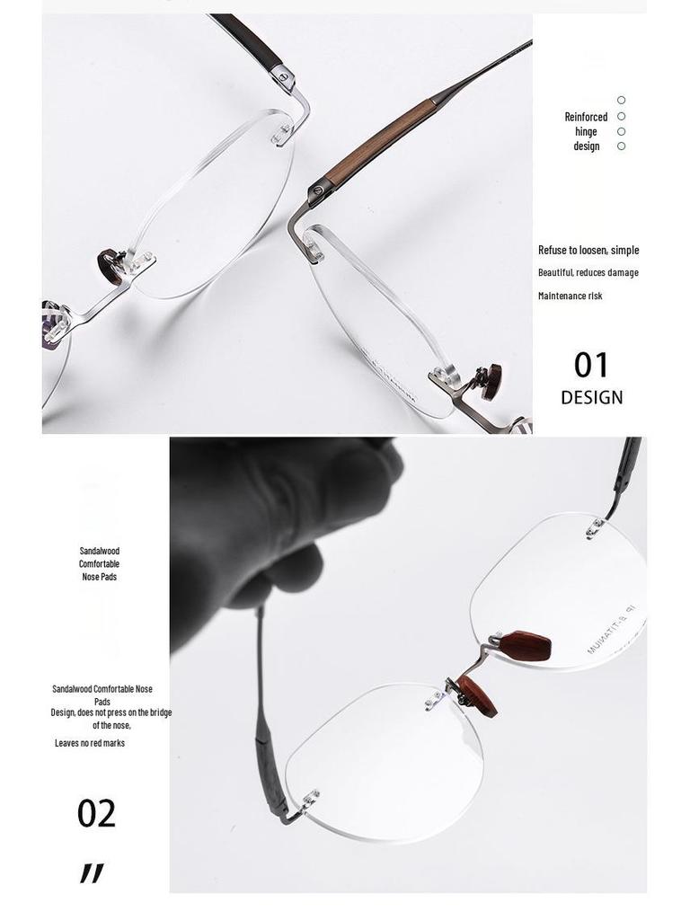 2025 Randlose Retro Sandelholzbrillen: Damen Leichter Luxus ohne Sehstärke, Blaulichtfilter mit Business-Herrenstil.