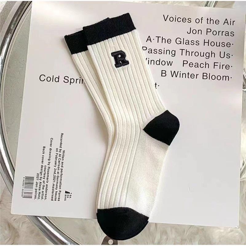 Autumn and Winter Striped Pure Cotton Socks, Summer Women's Trendy Socks, R Black and White Embroidered Academy Windblown Women's Socks