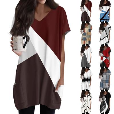 Womens Tops V-neck Short Sleeve Blouses Casual Mid-length Shirts Fashion Print Tunic Tops With Pockets