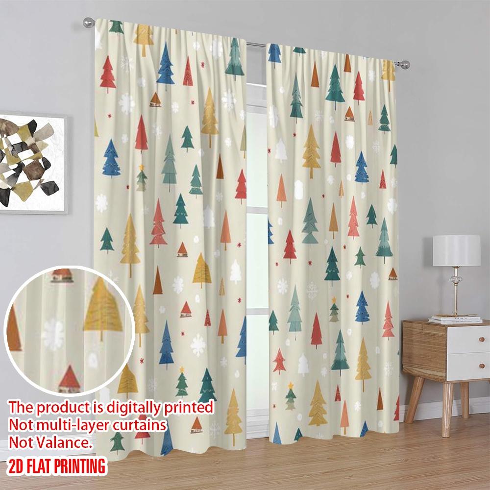 2pcs 2D flat printing Merry Christmas Curtain Forest and Snow Durable 100% Polyester Fabric Without Electricity Festive Holiday