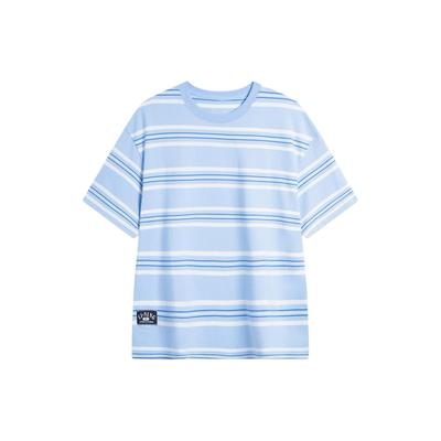 Li Ning Sports Fashion Series Simple Versatile Striped Drop Shoulder Round Neck Cotton Short Sleeve T-Shirt Unisex Tops Sky-Blue AHSU655-4
