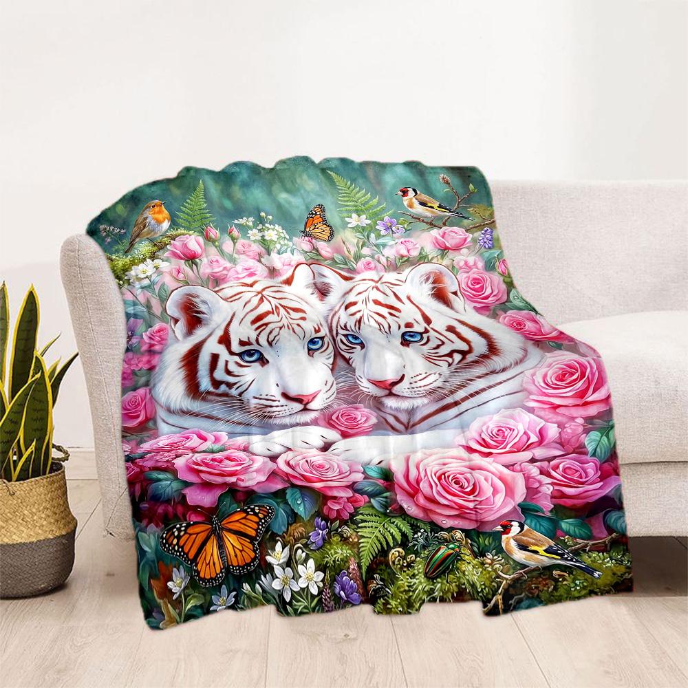 Tiger And Roses Blanket Suitable for Offices, Travel, Living Rooms Also a Good Gift for Friends and Family Suitable for All Seasons.