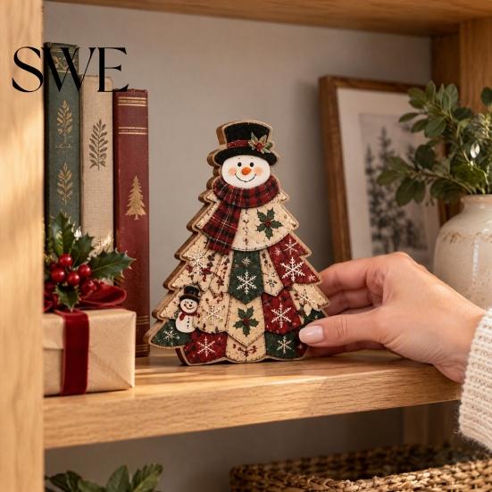 Wooden Holiday Party Decor Quilted Christmas Tree Table Sign, 2D Flat Fabric Patchwork Pattern Desktop Reusable Xmas Sign Ornament, Rustic Farmhouse