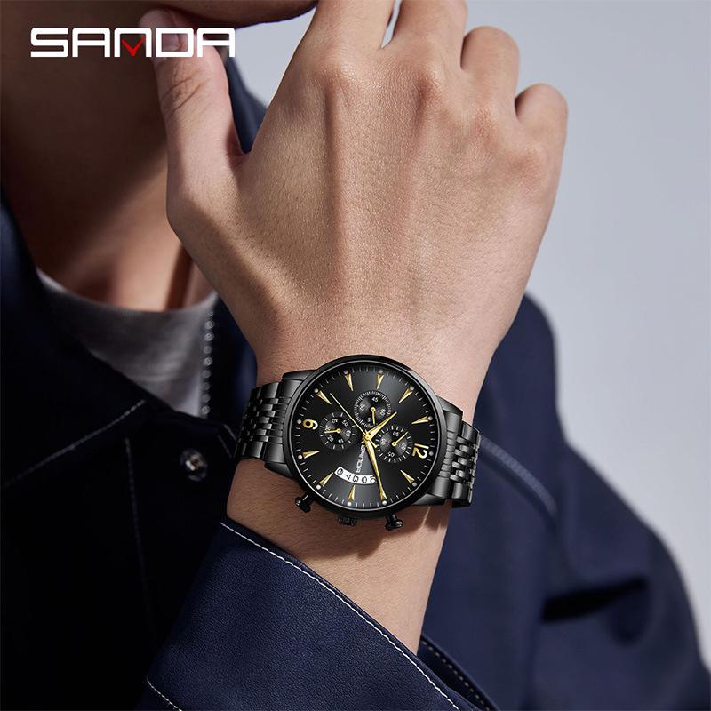 Sanda Men's Luminous Waterproof Calendar Watch - Casual Business Quartz Wristwatch with Three-Eye Six-Hand Design