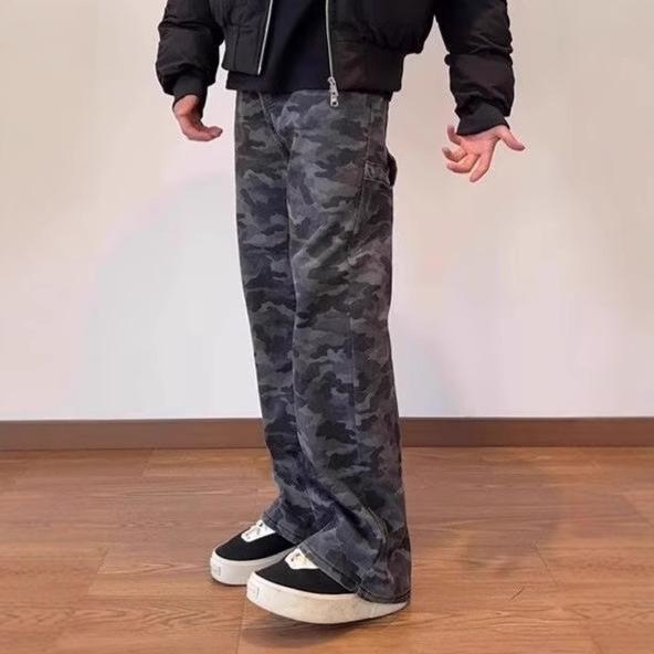 Amerikanische Streetwear-Werkzeug-Wide-Leg-Camouflage-Jeans Herren und Damen fließend Frühling Retro High-Waist locker und dünn gerade geschnittene Hose