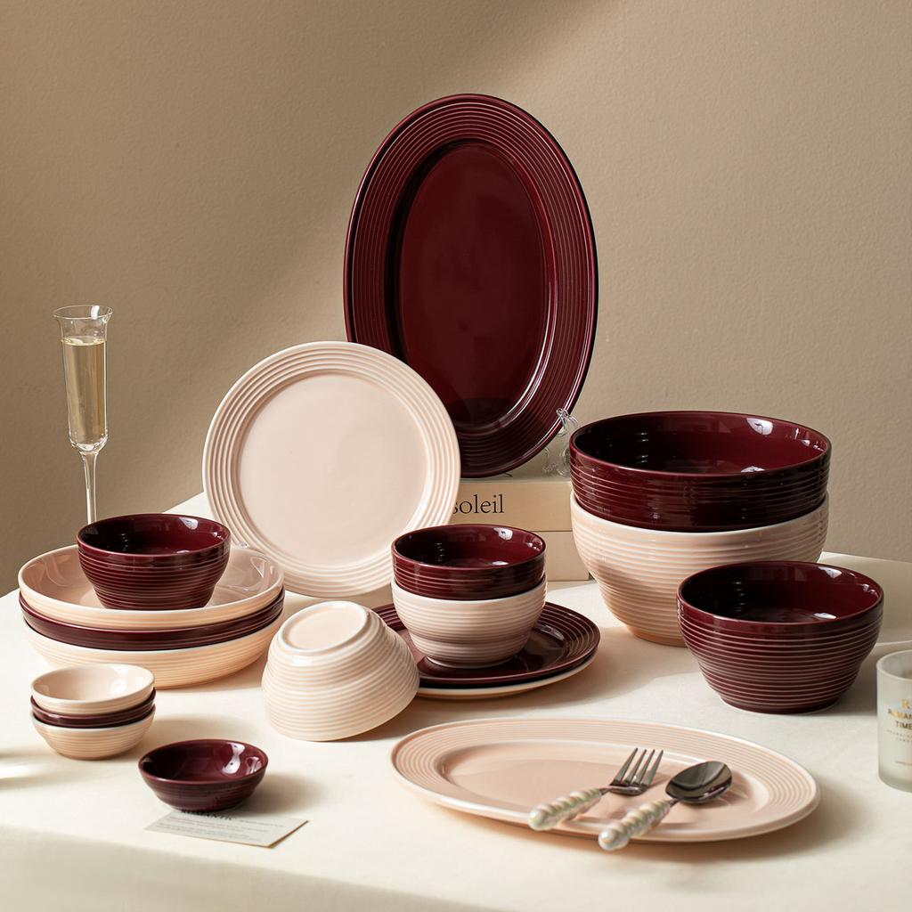 Simple Threaded Tableware Set, Bowls And Plates, Soup Bowls And Plates, Ceramic Creative Household Housewarming Bowls, Tableware And Chopsticks