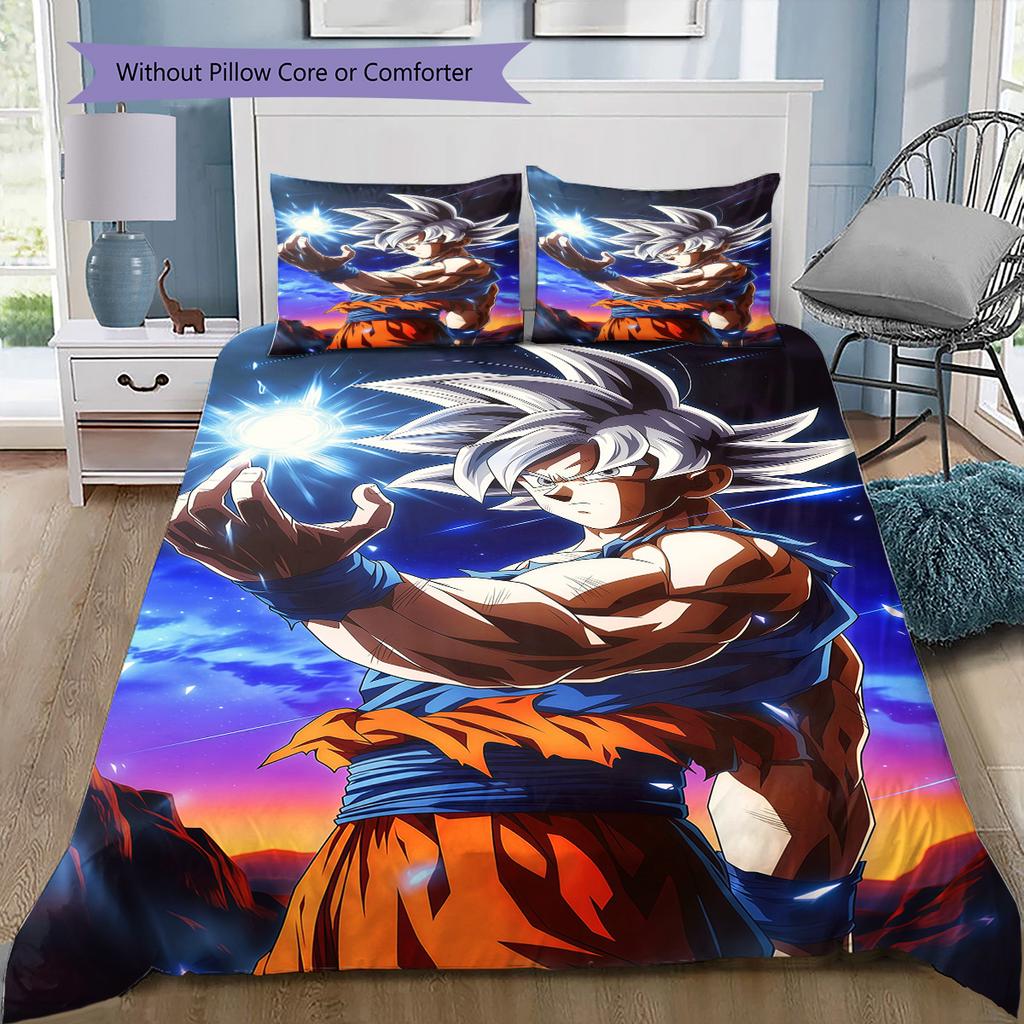 Son Goku Pattern Bedding Quilt Set Quilt Cover Pillowcase Home Birthday Gift(1 * Duvet Cover + 2 * Pillowcase, Without Core)