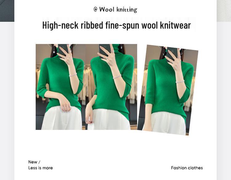 Women's Slim-Fit Seven-Sleeve Wool Sweater - High-Neck Versatile Knit for Autumn/Winter