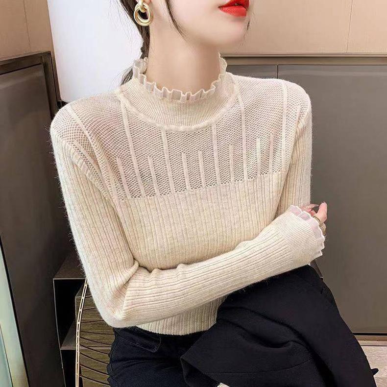Sweter bazowy z półwysokim kołnierzem dla kobiet Jesień i Zima Sweter dziergany koronką Wąski sweter dla kobiet