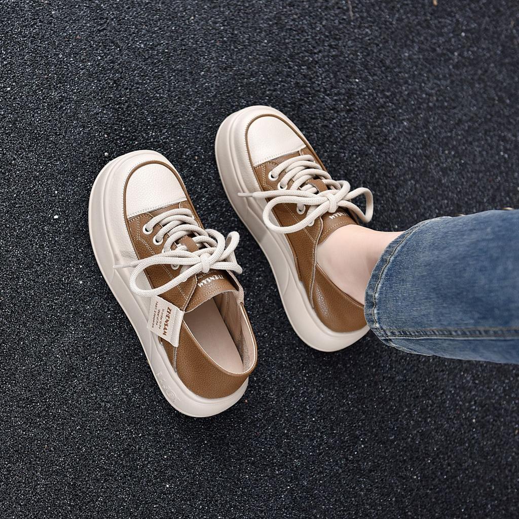 2026 new leather soft sole soft surface single shoes front lace-up thick sole muffin shoes casual versatile women's shoes
