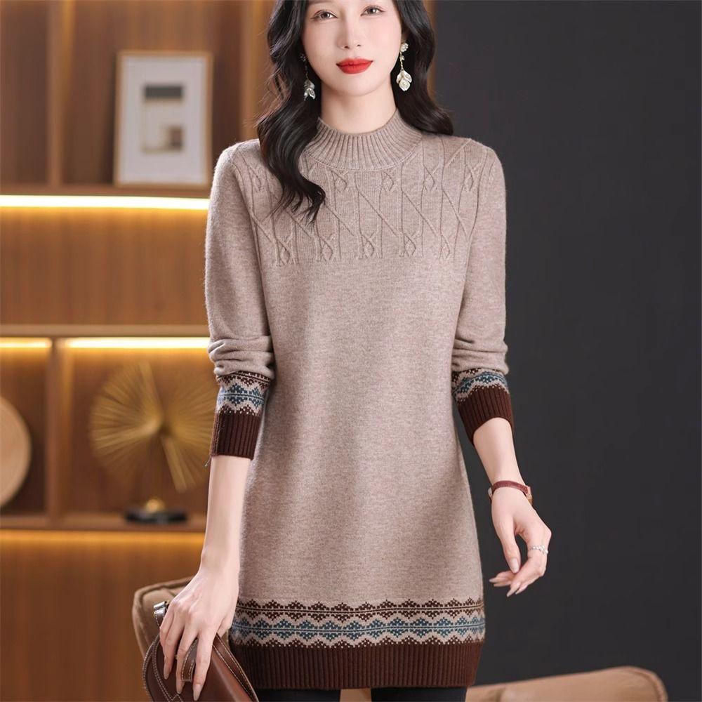 Half Turtleneck Knitted Sweater Women's Color Block Loose Mid-length Sweater Knitted Sweater Long-sleeved Casual Pullover Autumn and Winter Top