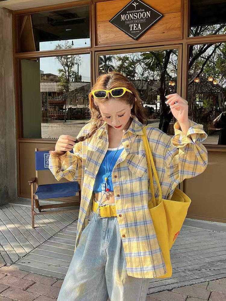 Damen Amerikanische Retro Gelb Kariert Langarm Sonnenschutzhemd - Herbst Dünn Locker Geschnittene Bluse