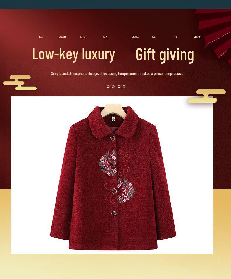 Elegant Embroidered Wool Coat for Elderly Women - Autumn/Winter Fashion with Velvet Lining