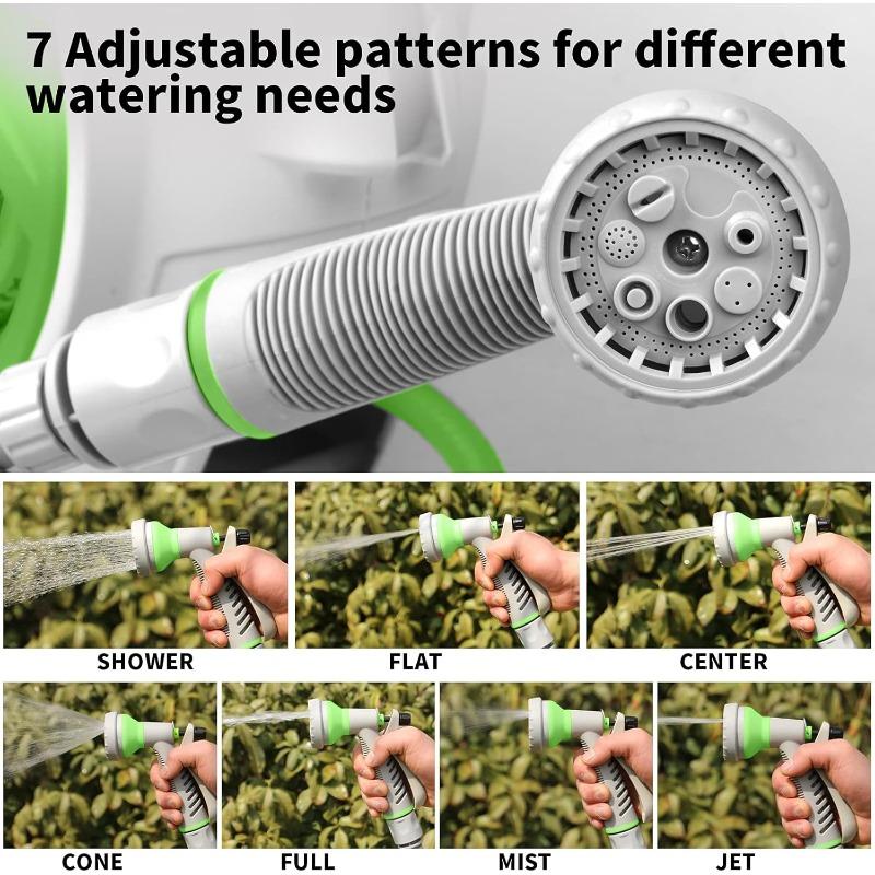 46FT Pro Garden Hose Reel 7 Pattern Nozzle Adjustable Wall Mount Precision Length Lock Water Saving Design for Lawn Bed Cleaning